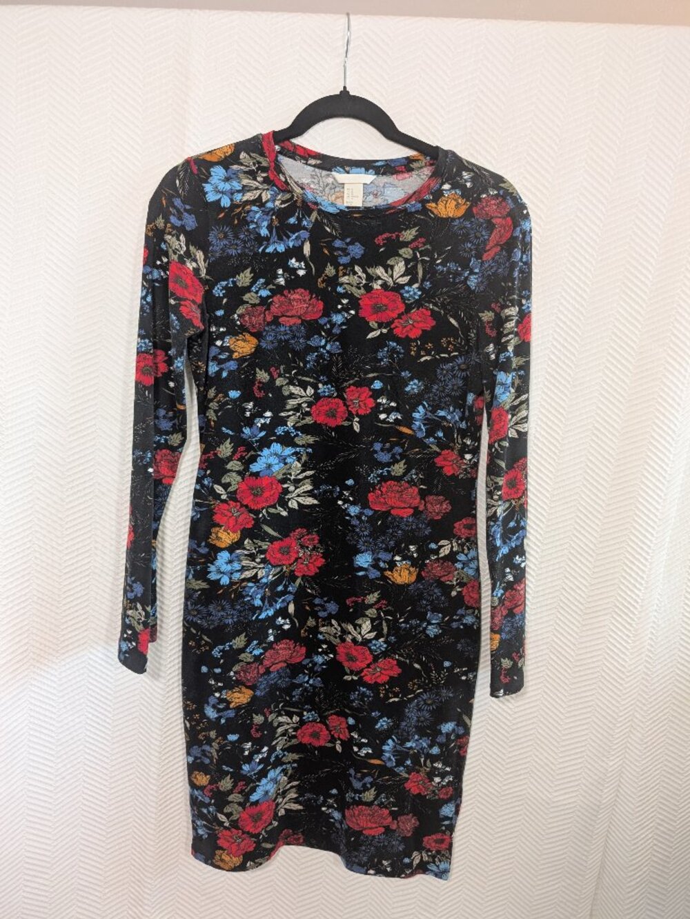 H&M Black Floral Long Sleeve Cotton Bodycon Mini Dress Red Blue Stretch Medium